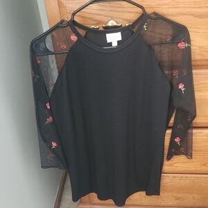 LuLaRoe Black Blouse with Sheer Floral Sleeves